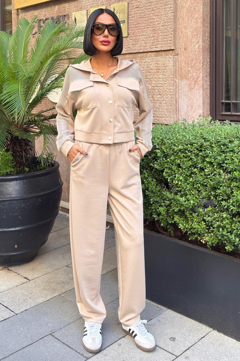 Mesh Detailed Hooded Modal Suit Beige