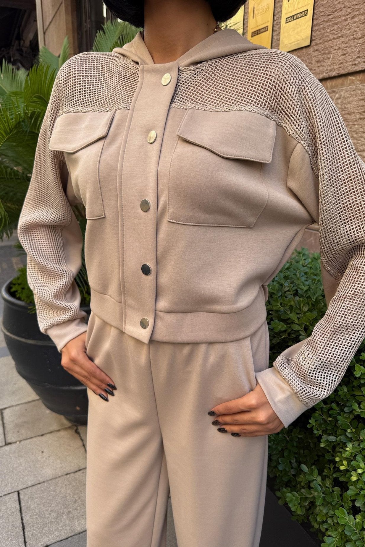 Mesh Detailed Hooded Modal Suit Beige