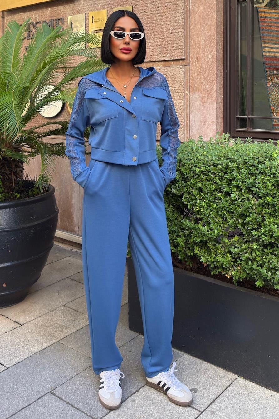 Mesh Detailed Hooded Modal Suit Blue