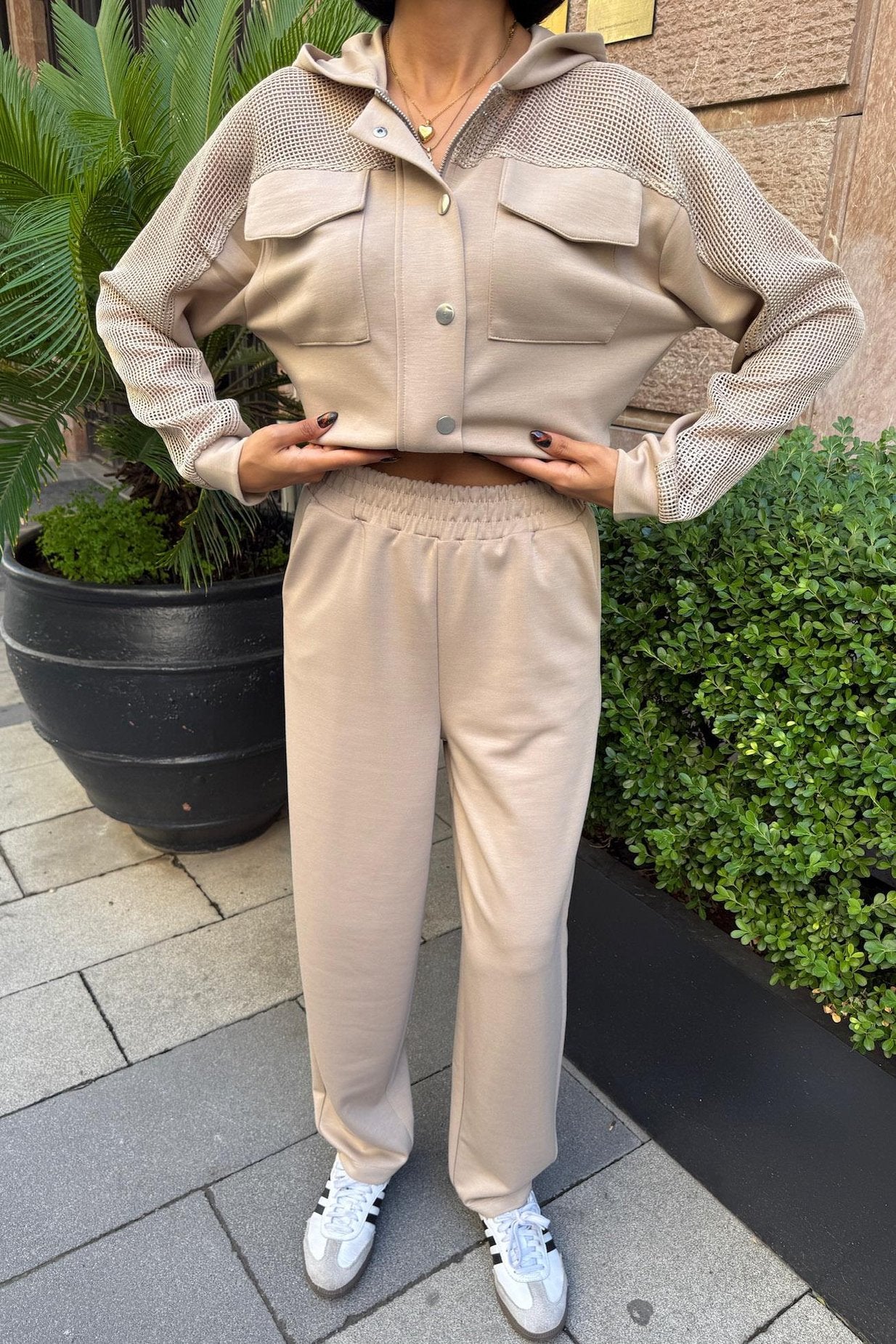 Mesh Detailed Hooded Modal Suit Beige
