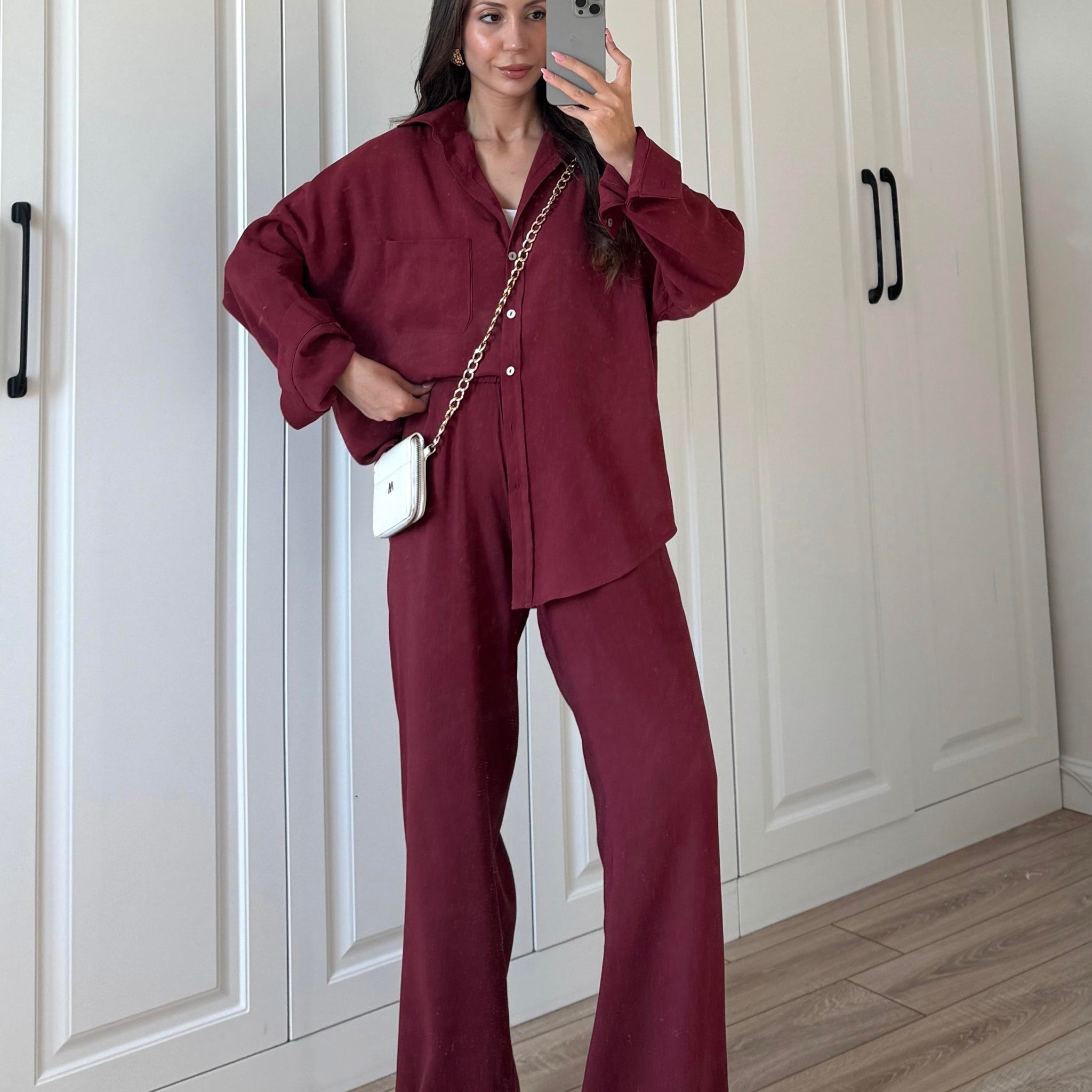 Fina Oversize Premium Linen Burgundy Suit Set