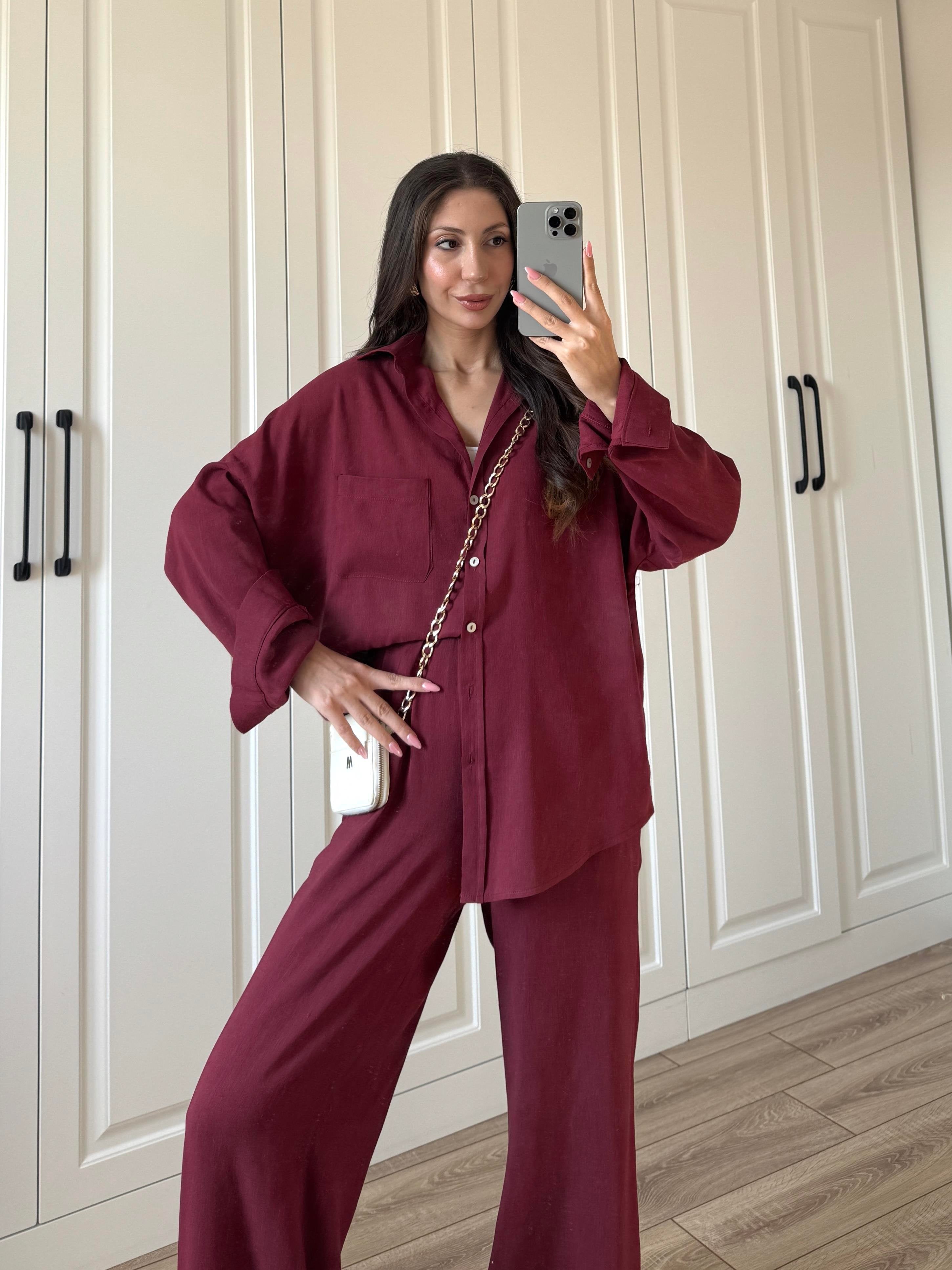 Fina Oversize Premium Linen Burgundy Suit Set