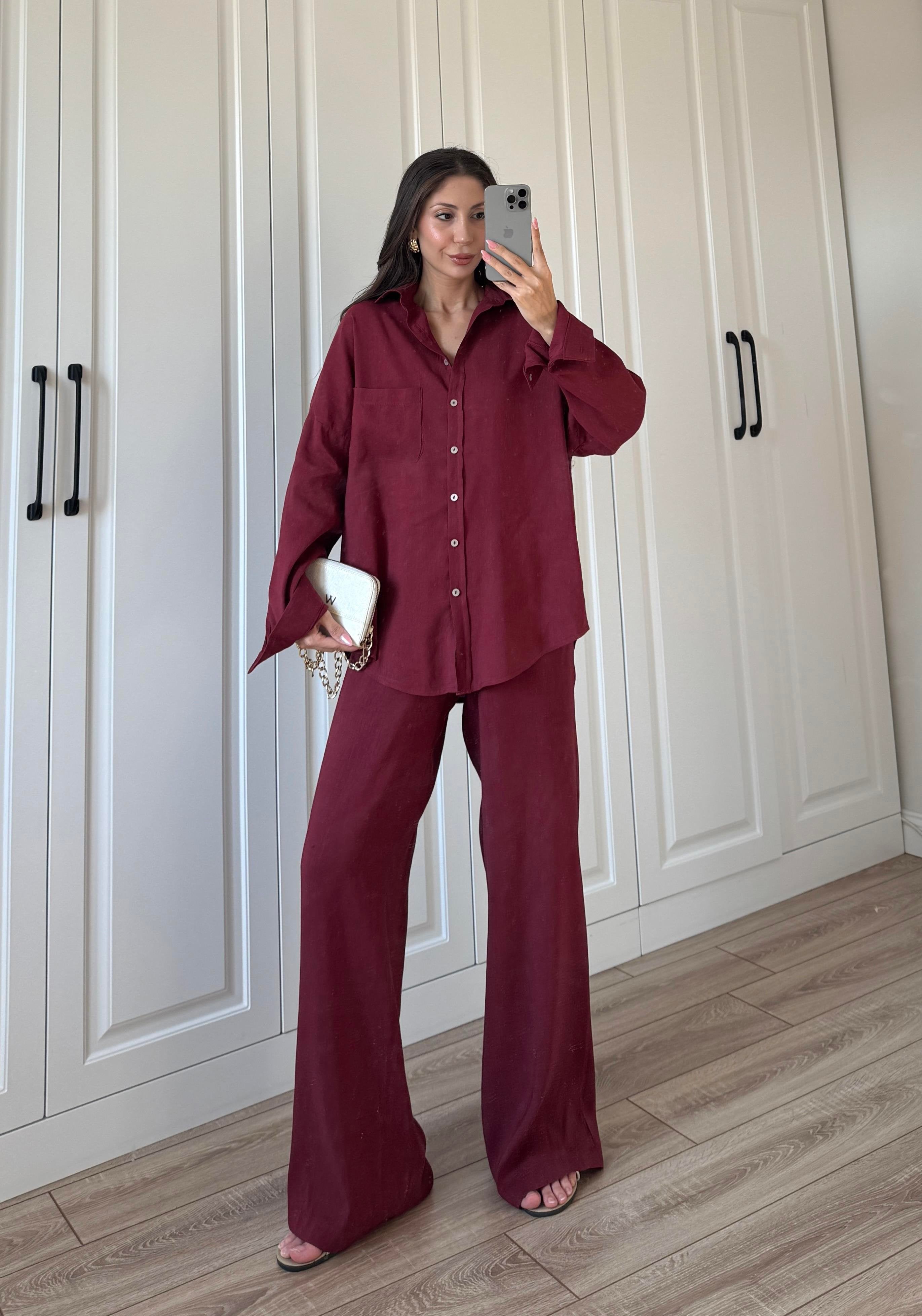Fina Oversize Premium Linen Burgundy Suit Set