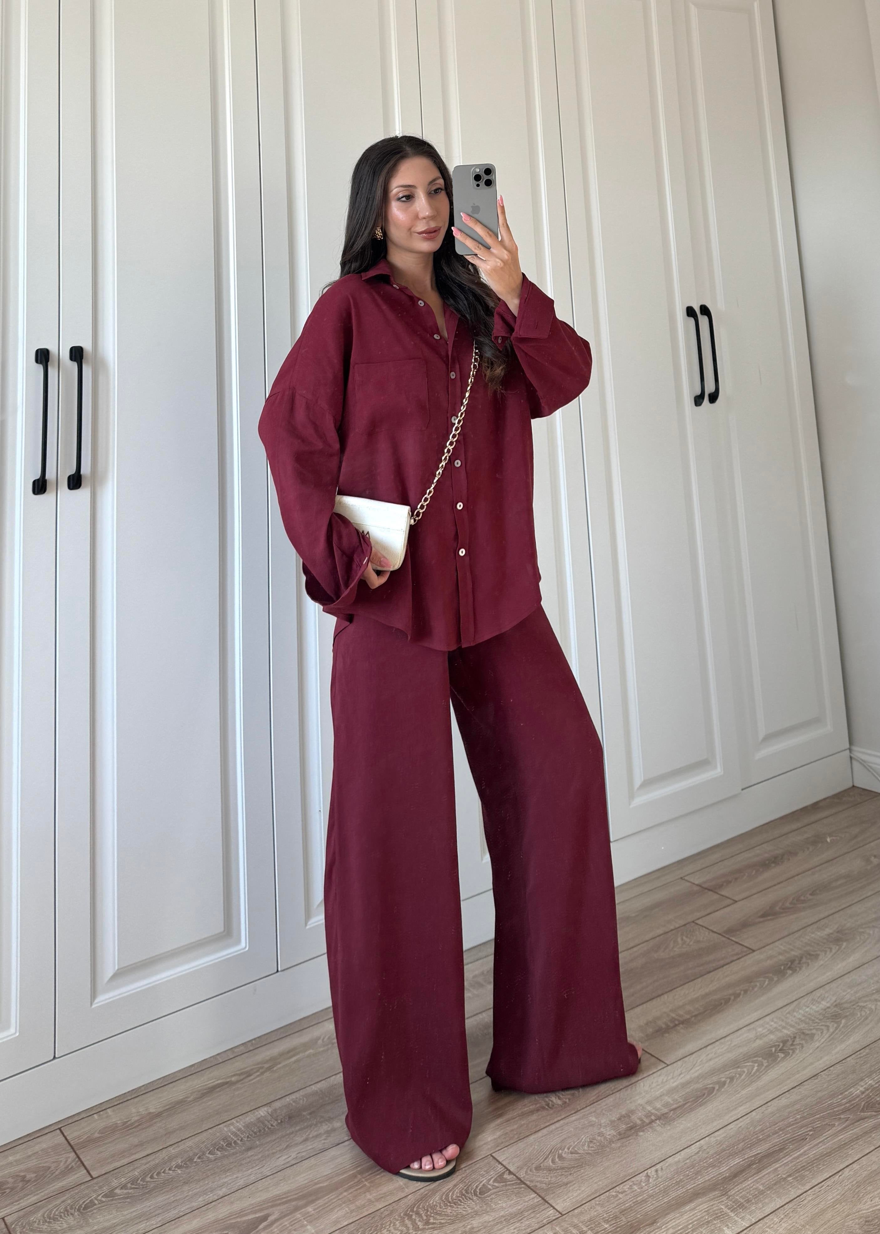 Fina Oversize Premium Linen Burgundy Suit Set