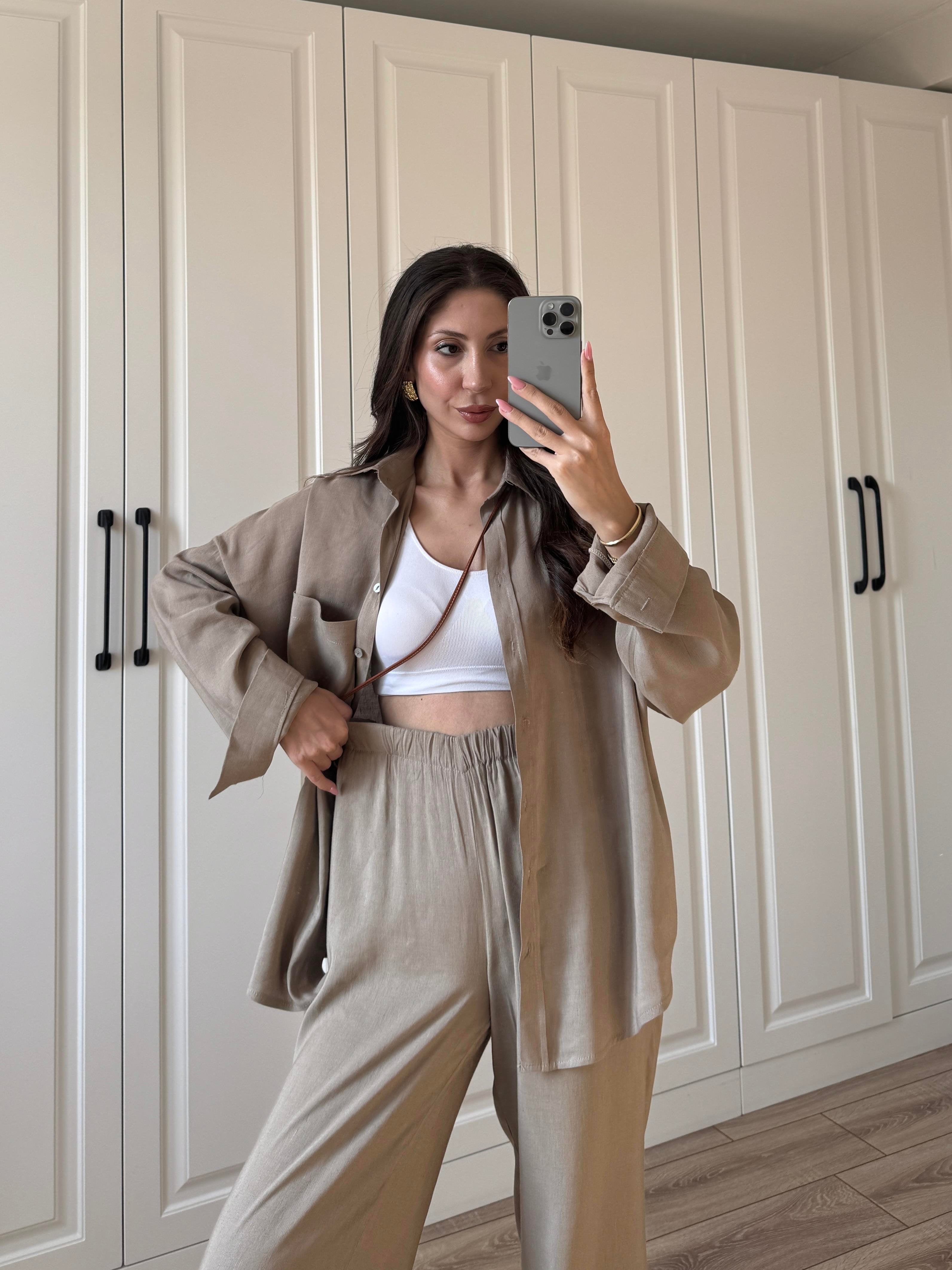 Fina Oversize Premium Linen Cappuccino Suit Set