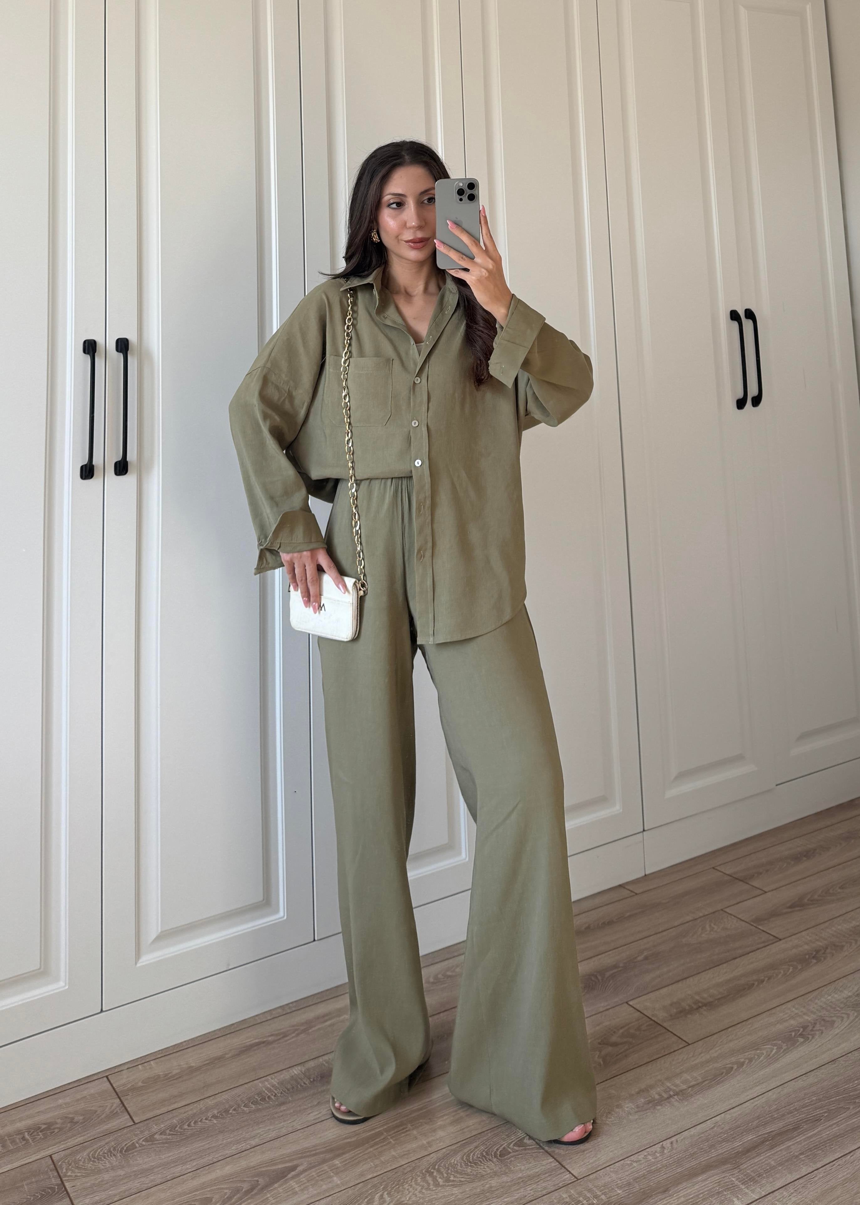 Fina Oversize Premium Linen Khaki Suit Set