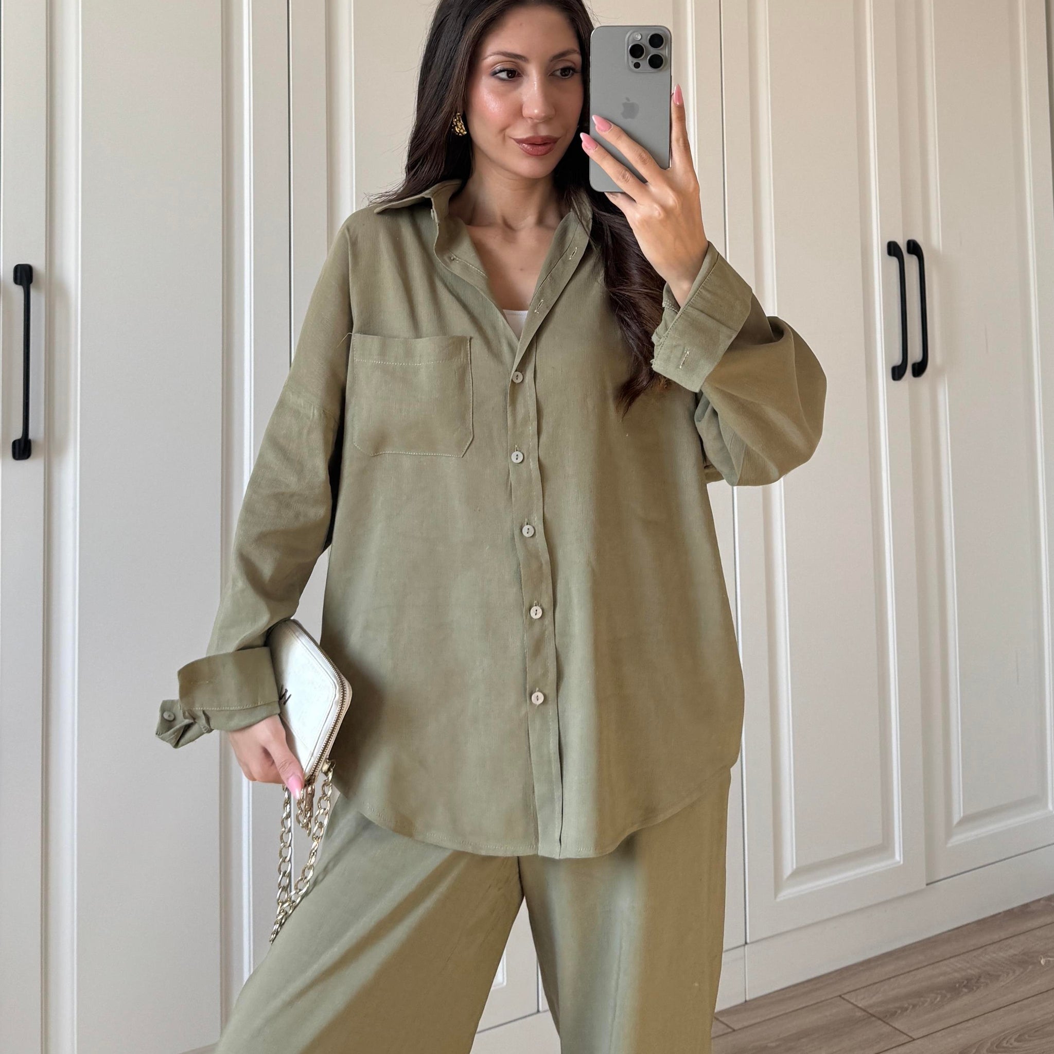 Fina Oversize Premium Linen Khaki Suit Set