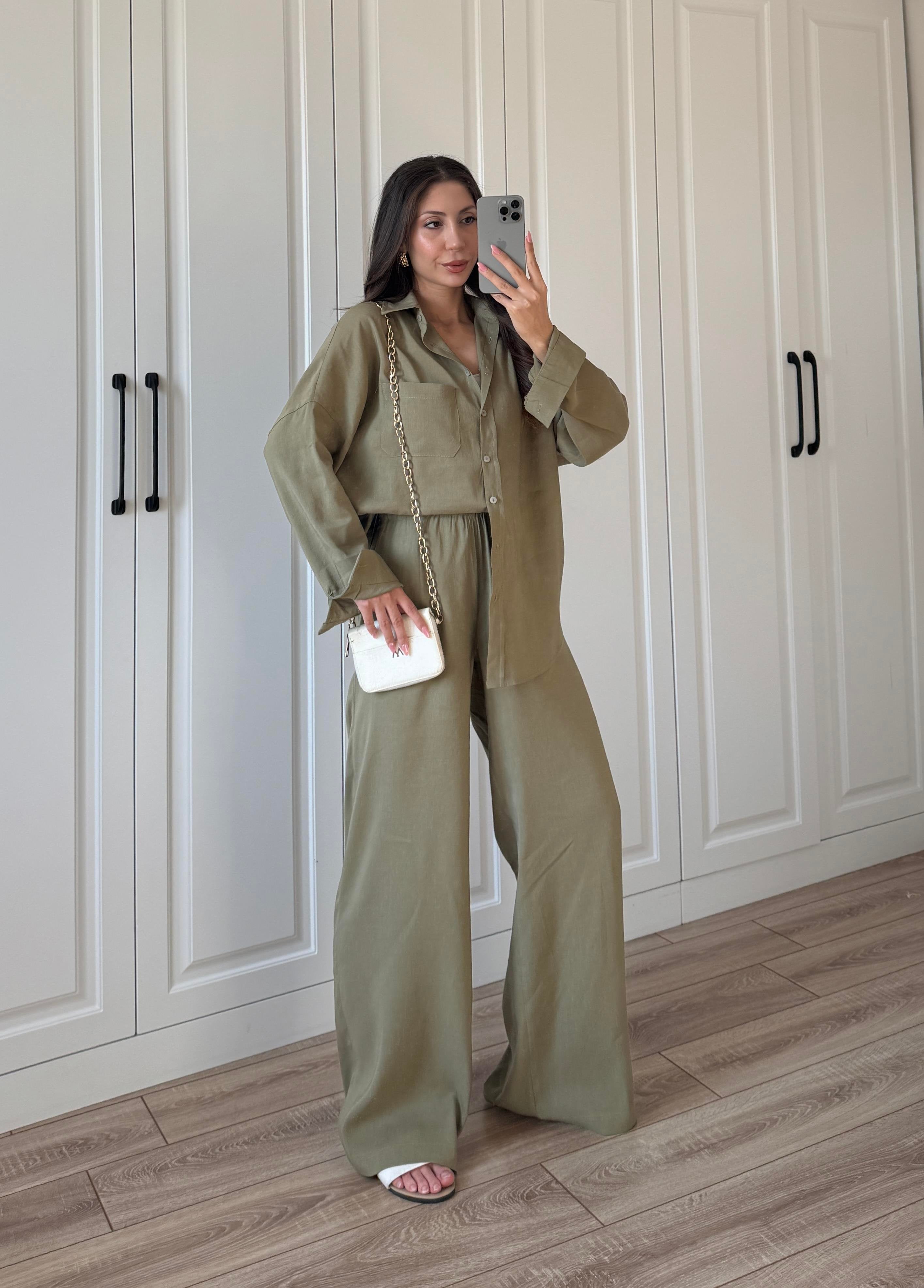 Fina Oversize Premium Linen Khaki Suit Set