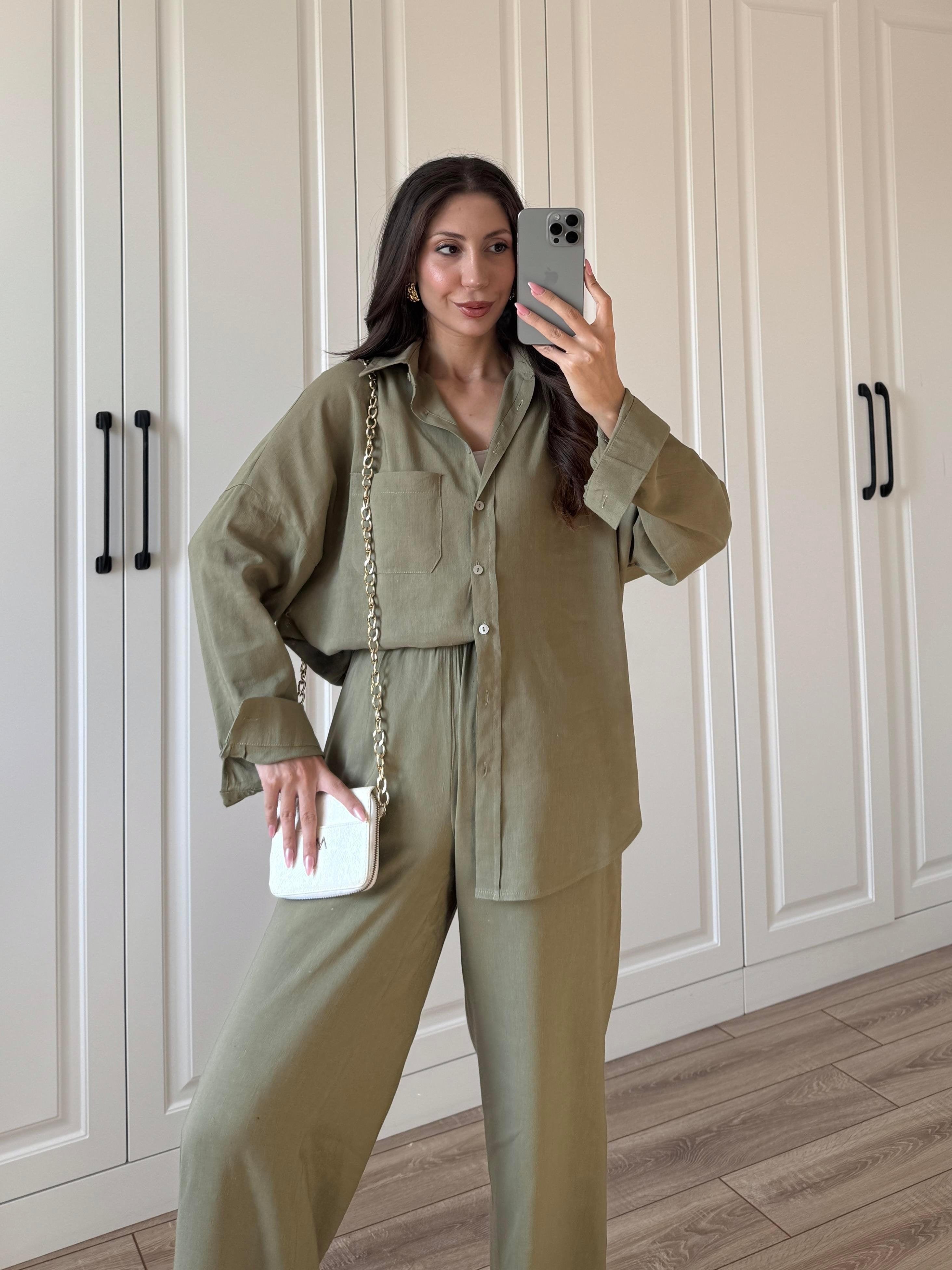 Fina Oversize Premium Linen Khaki Suit Set