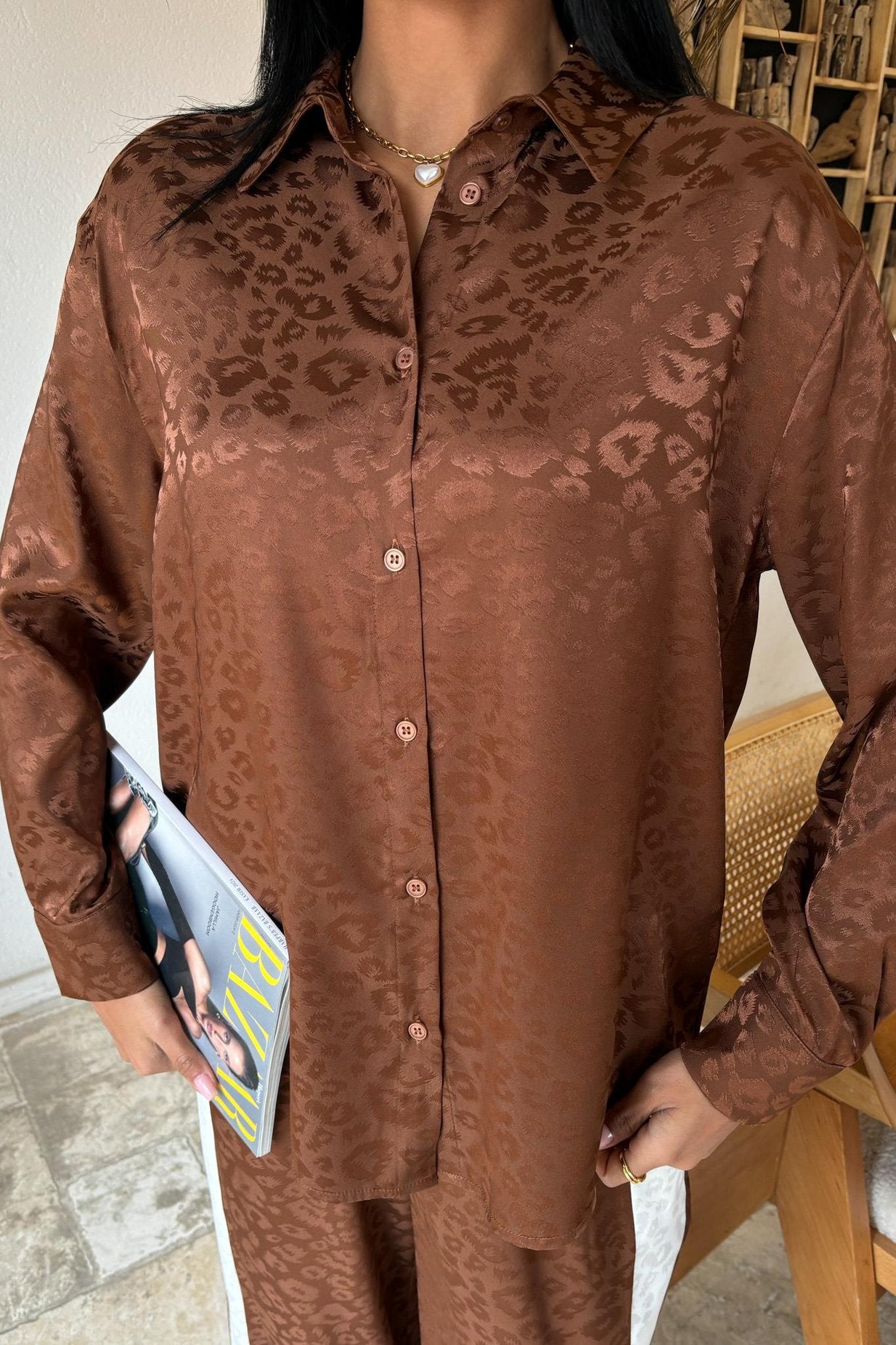 Garni Detail Jacquard Satin Suit Brown