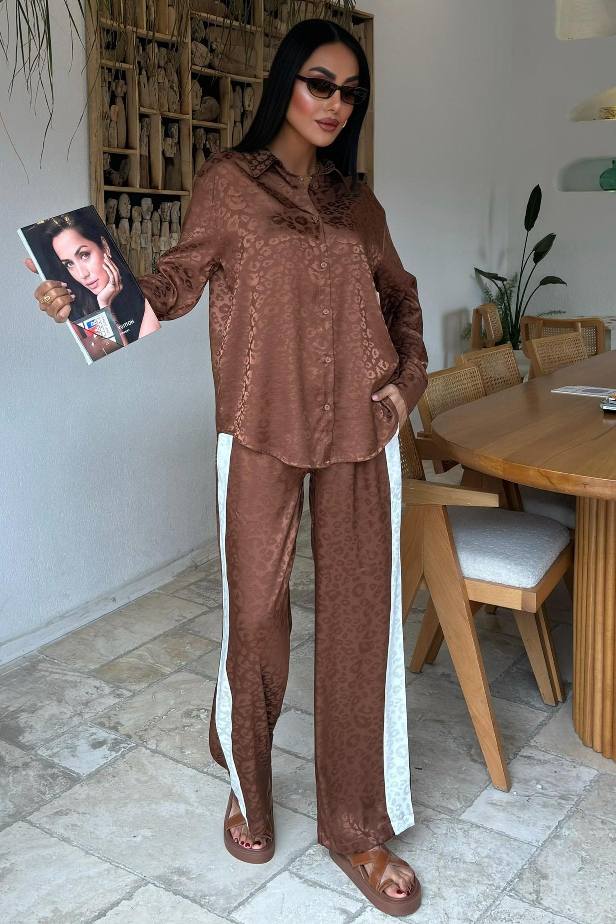 Garni Detail Jacquard Satin Suit Brown