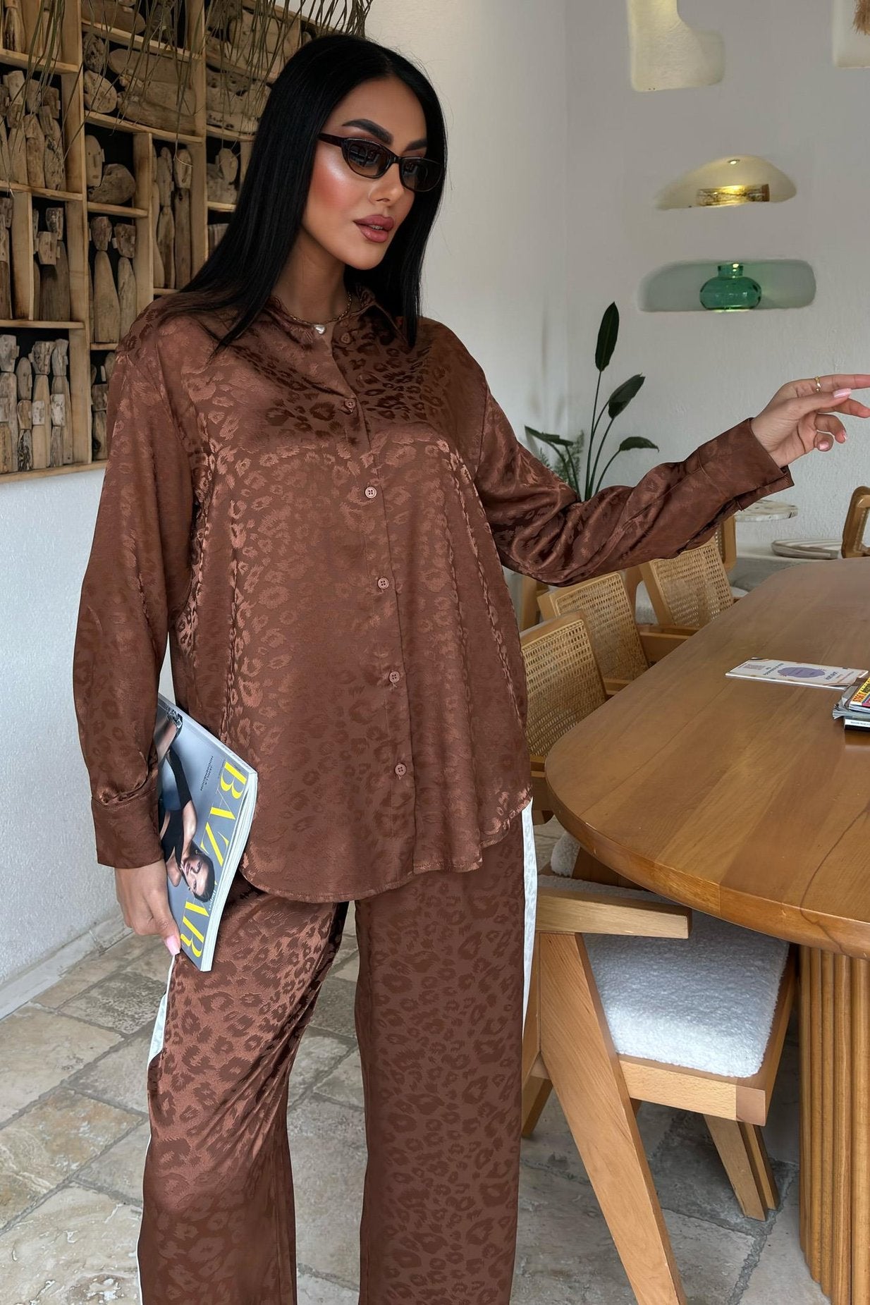 Garni Detail Jacquard Satin Suit Brown