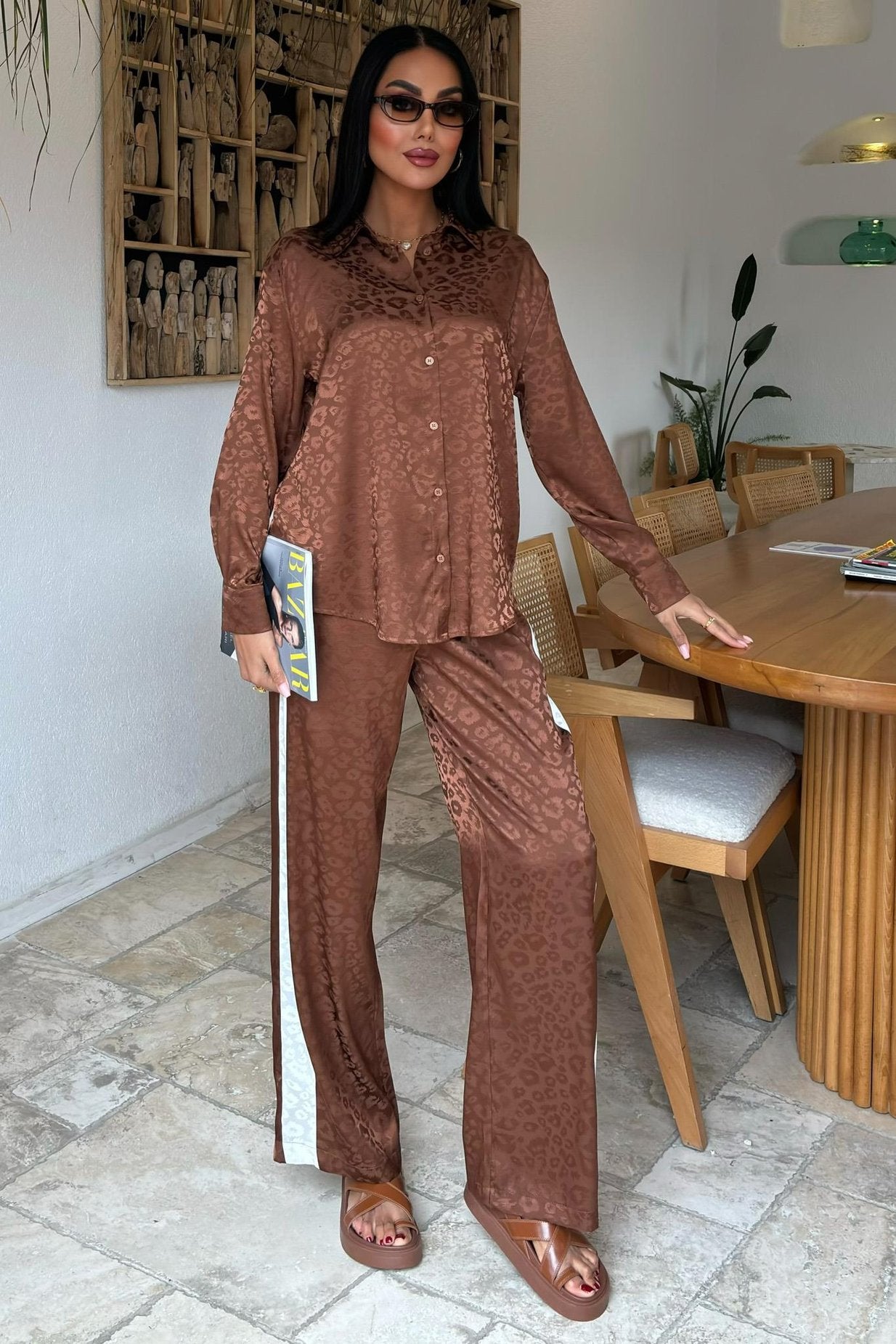 Garni Detail Jacquard Satin Suit Brown
