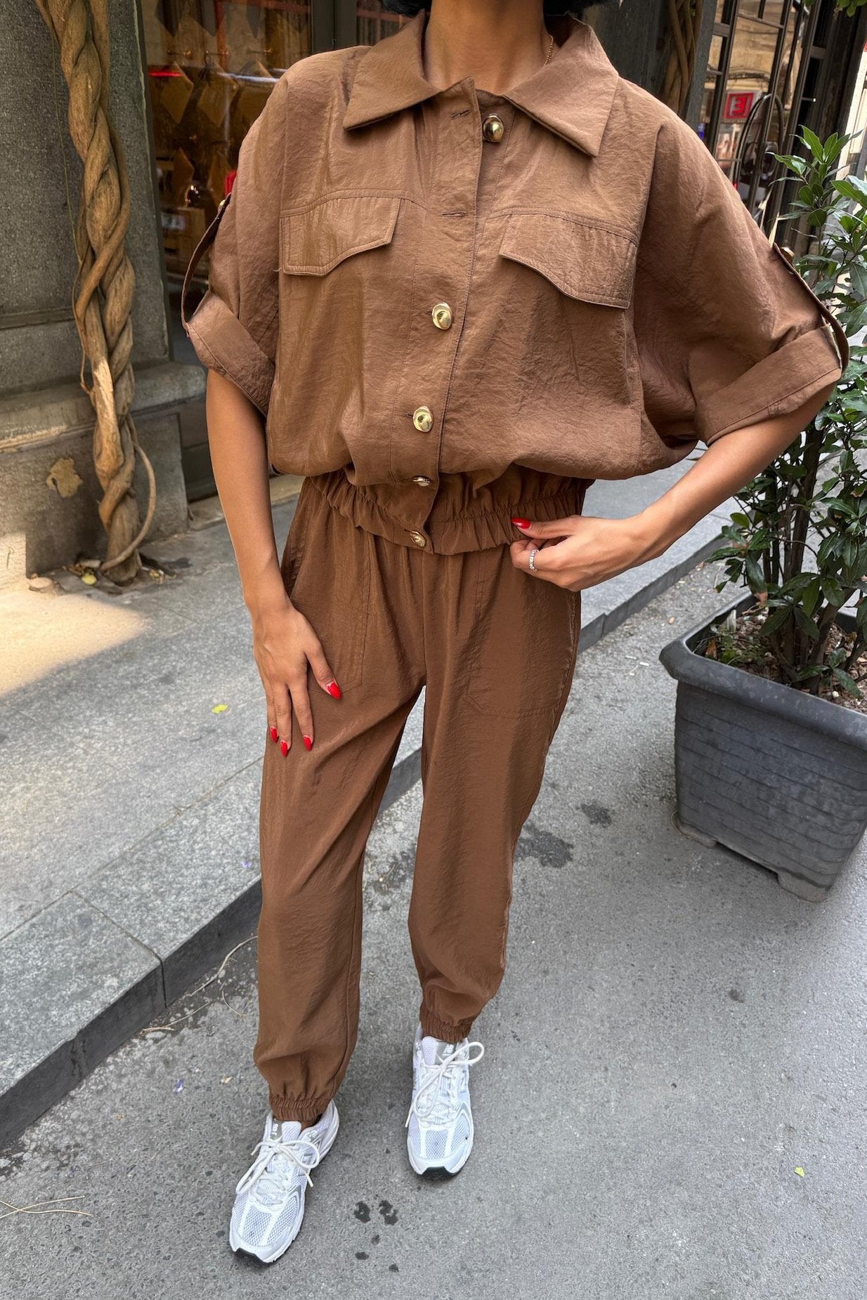 Gold Button Detailed Elastic Comfortable Suit brown