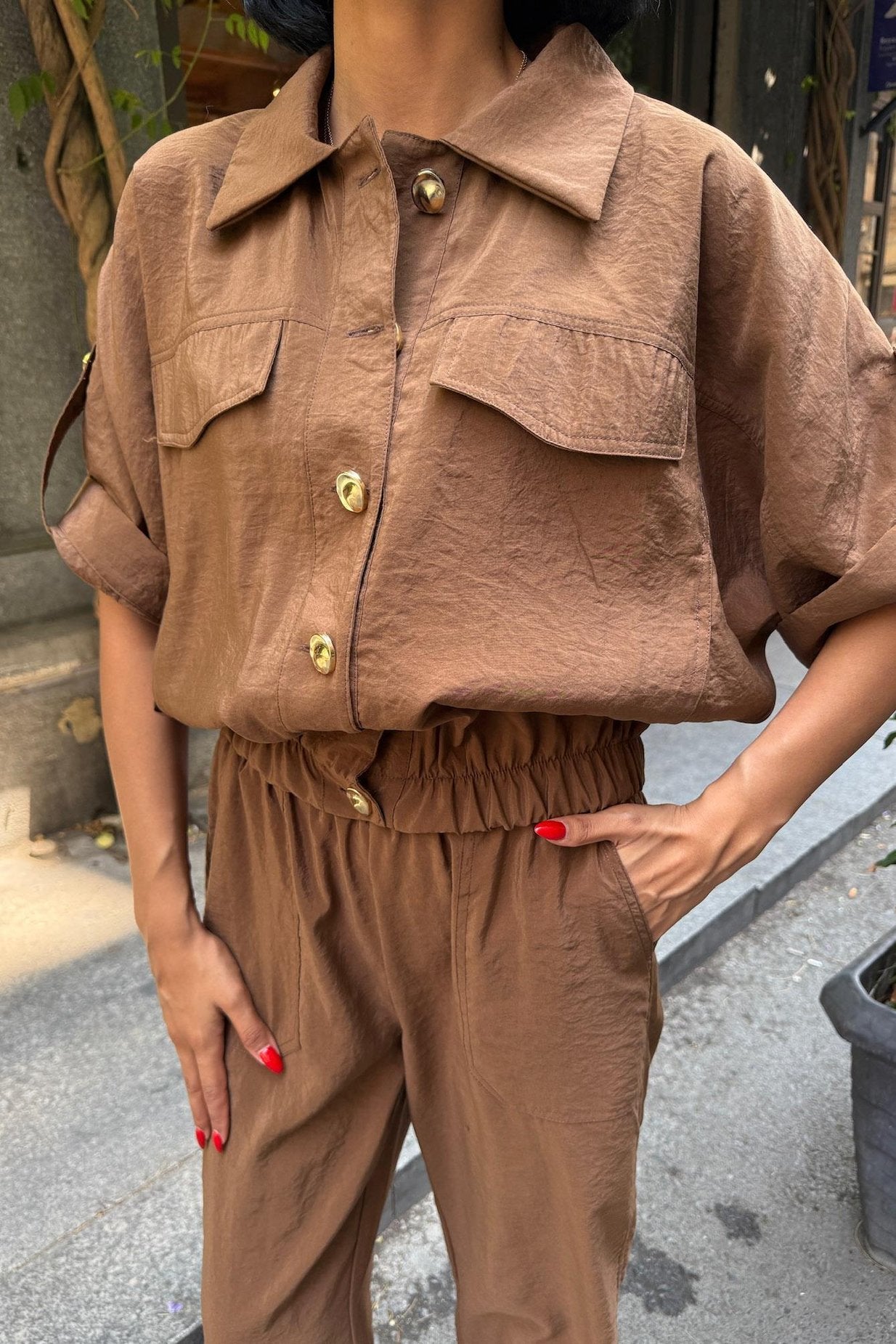 Gold Button Detailed Elastic Comfortable Suit brown
