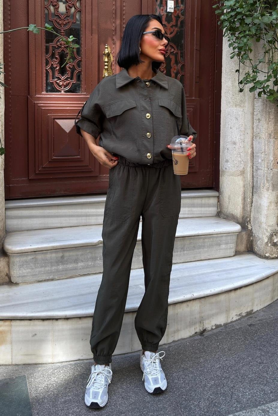 Gold Button Detailed Elastic Comfortable Suit Dark Grey