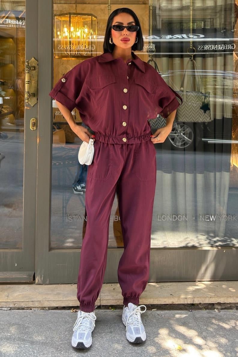 Gold Button Detailed Elastic Comfortable Suit Dark Pink