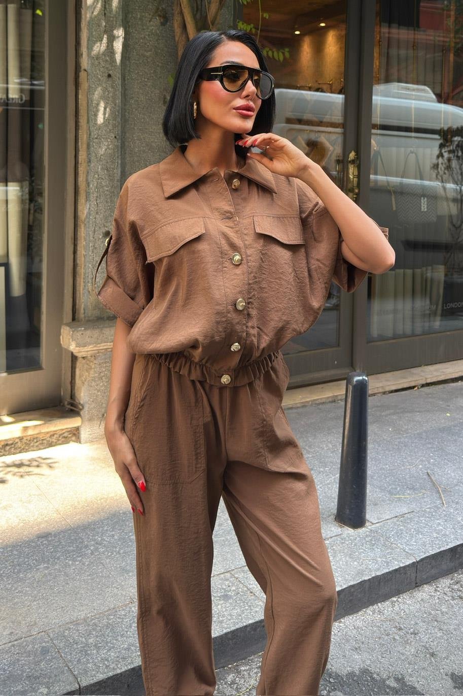 Gold Button Detailed Elastic Comfortable Suit brown