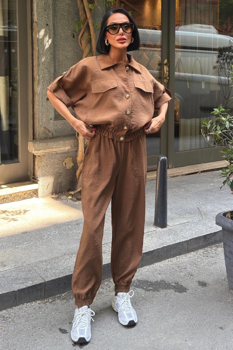 Gold Button Detailed Elastic Comfortable Suit brown