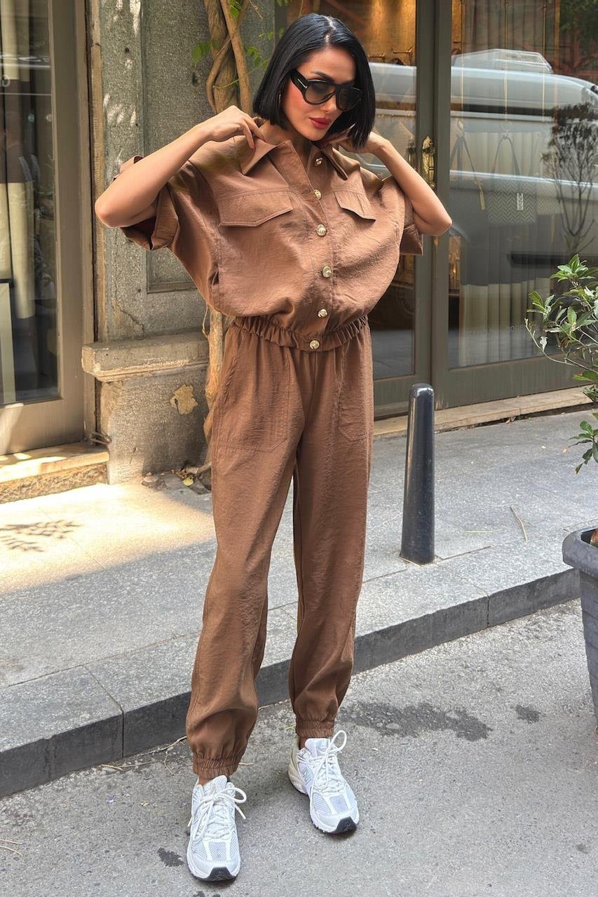 Gold Button Detailed Elastic Comfortable Suit brown
