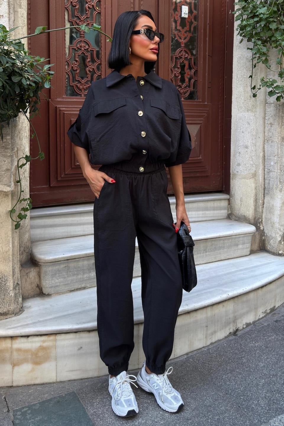 Gold Button Detailed Elastic Comfortable Suit Black
