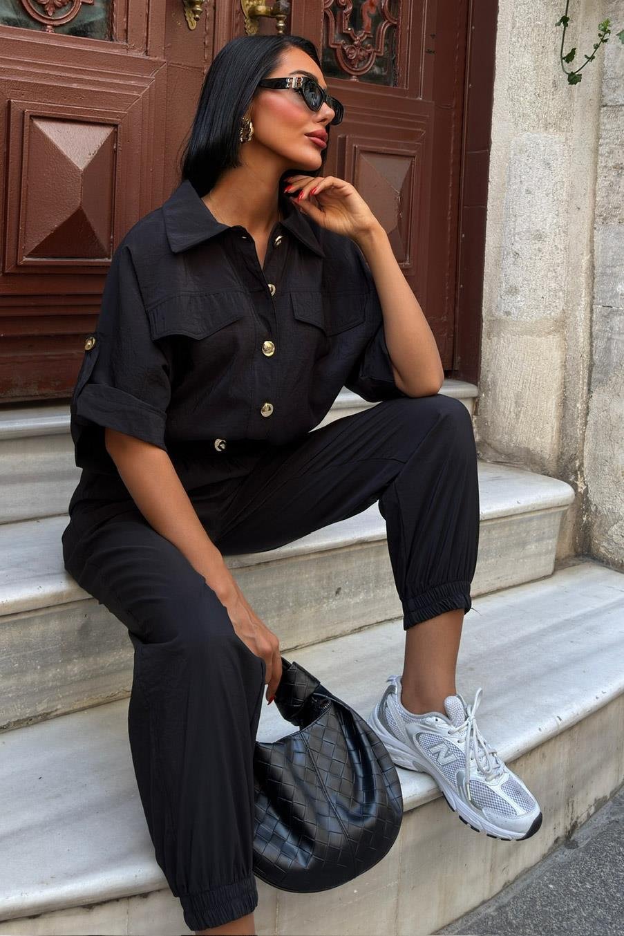 Gold Button Detailed Elastic Comfortable Suit Black