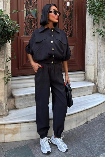 Gold Button Detailed Elastic Comfortable Suit Black