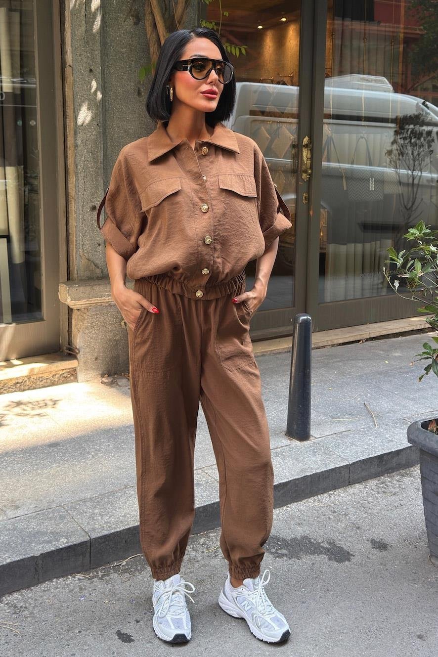 Gold Button Detailed Elastic Comfortable Suit brown