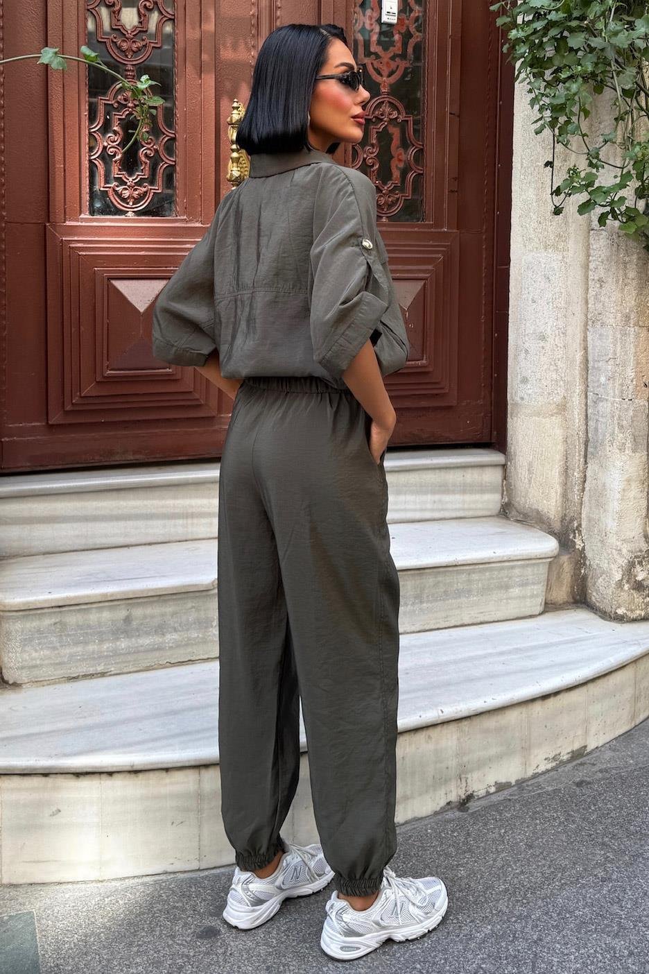 Gold Button Detailed Elastic Comfortable Suit Dark Grey