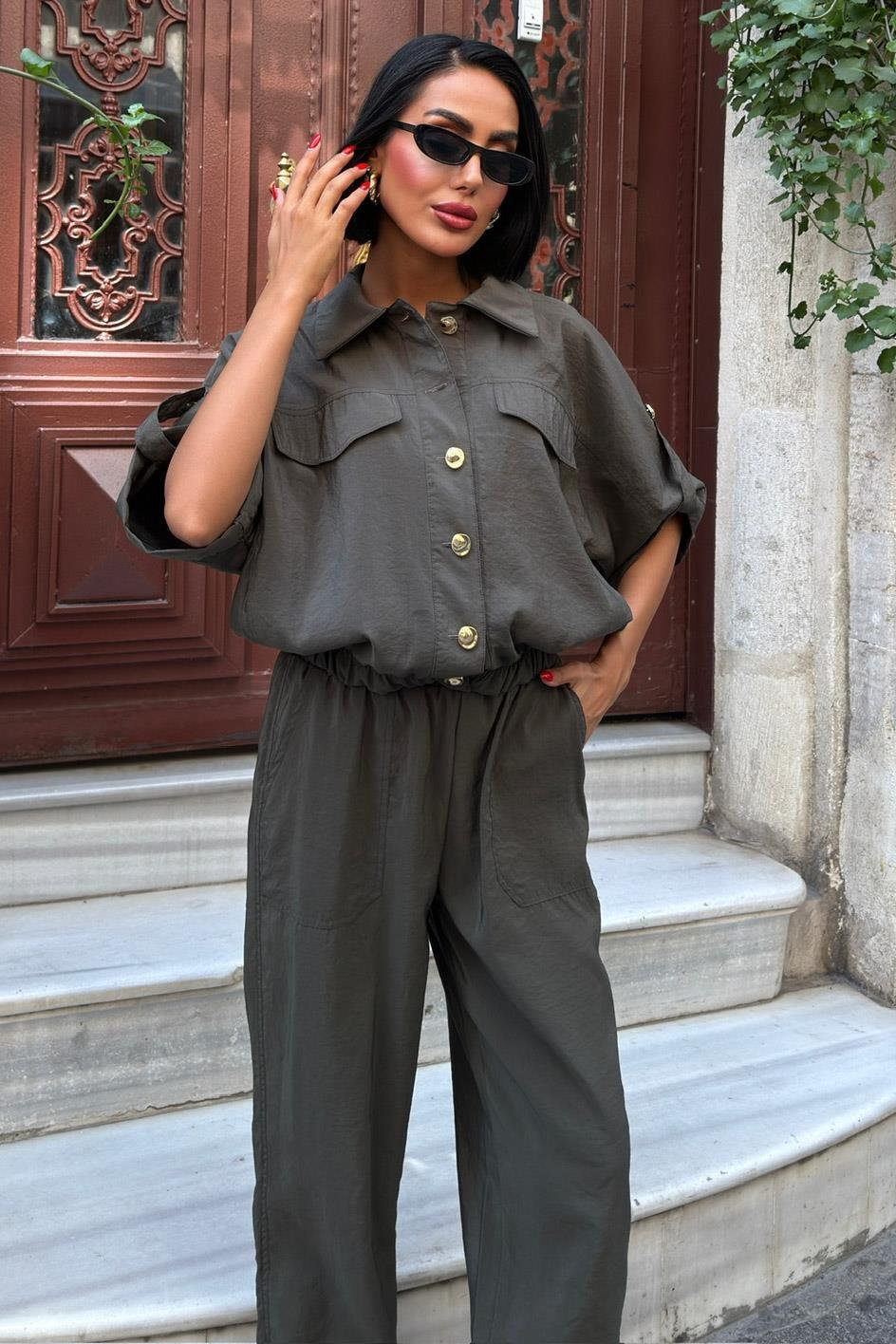 Gold Button Detailed Elastic Comfortable Suit Dark Grey