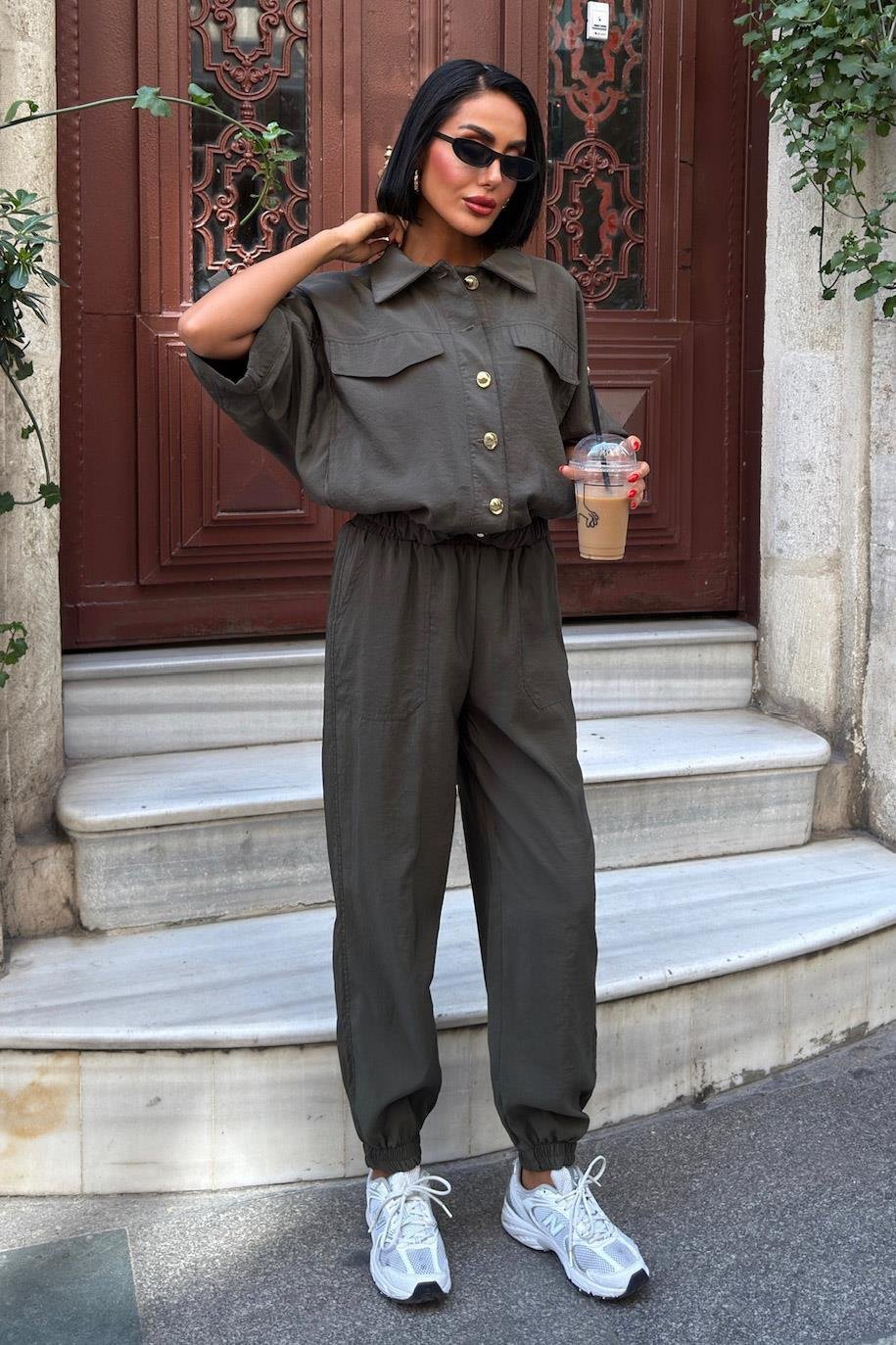 Gold Button Detailed Elastic Comfortable Suit Dark Grey