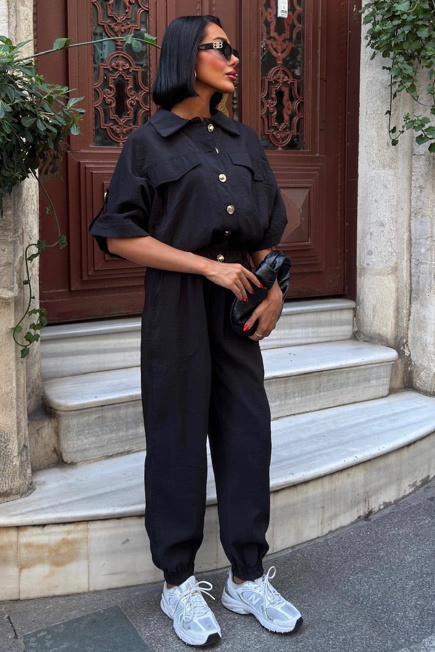 Gold Button Detailed Elastic Comfortable Suit Black