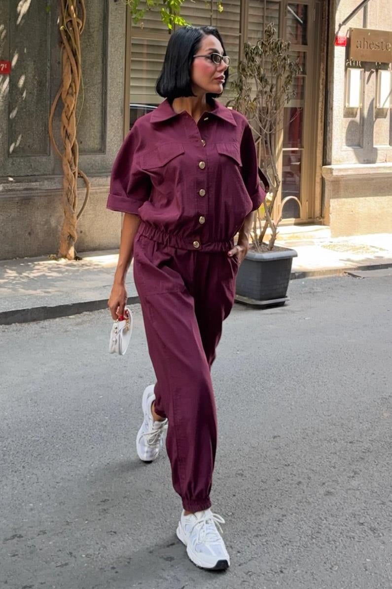 Gold Button Detailed Elastic Comfortable Suit Dark Pink