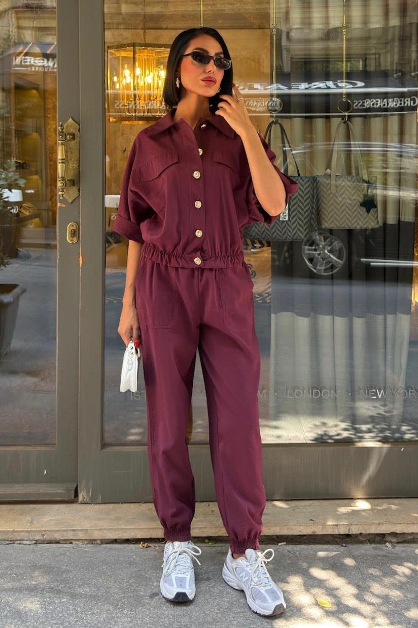 Gold Button Detailed Elastic Comfortable Suit Dark Pink