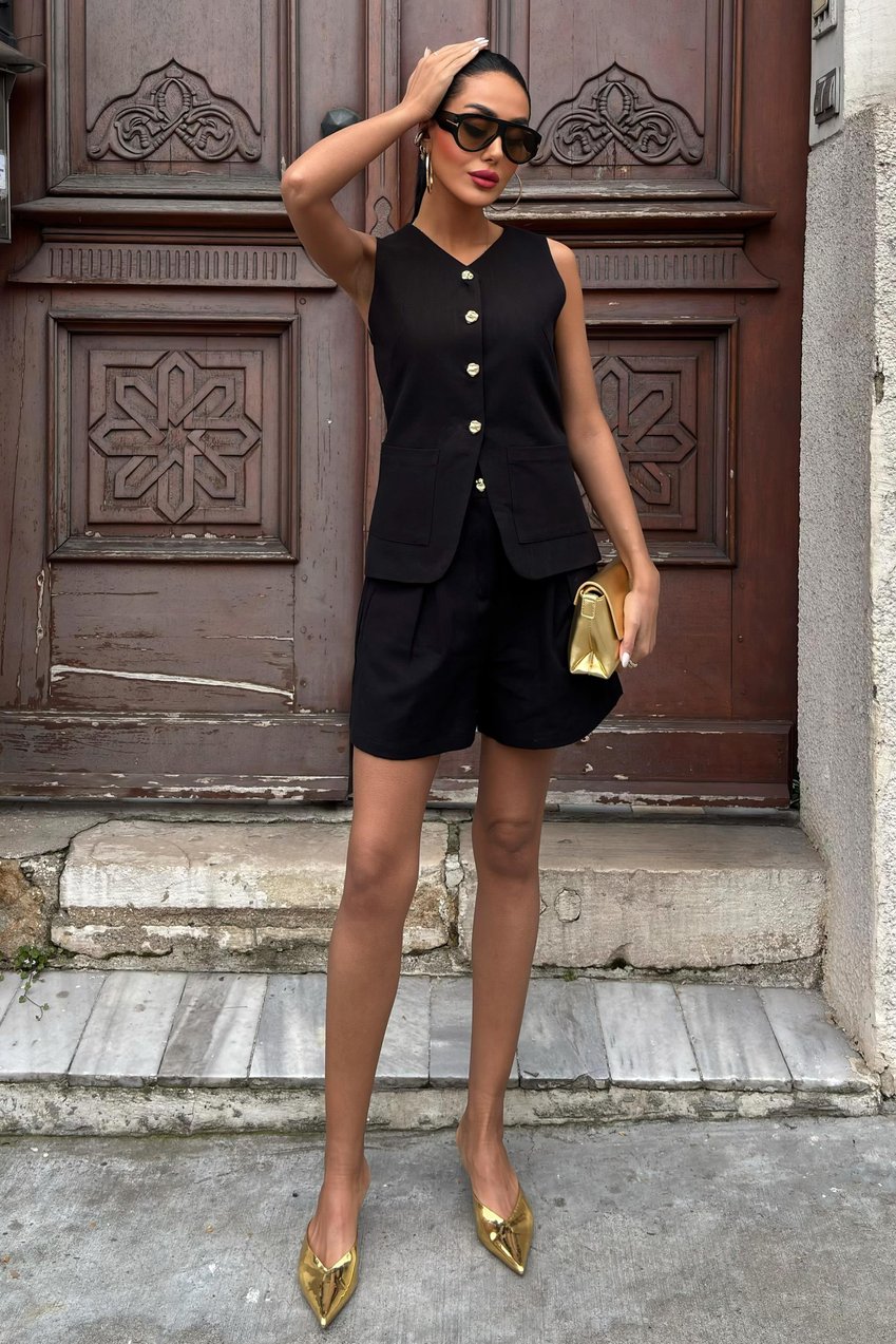 Gold Button Detailed Vest Shorts Cotton Suit Black