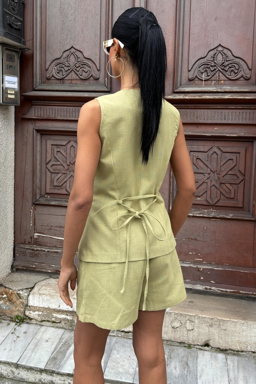Gold Button Detailed Vest Shorts Cotton Suit Beige