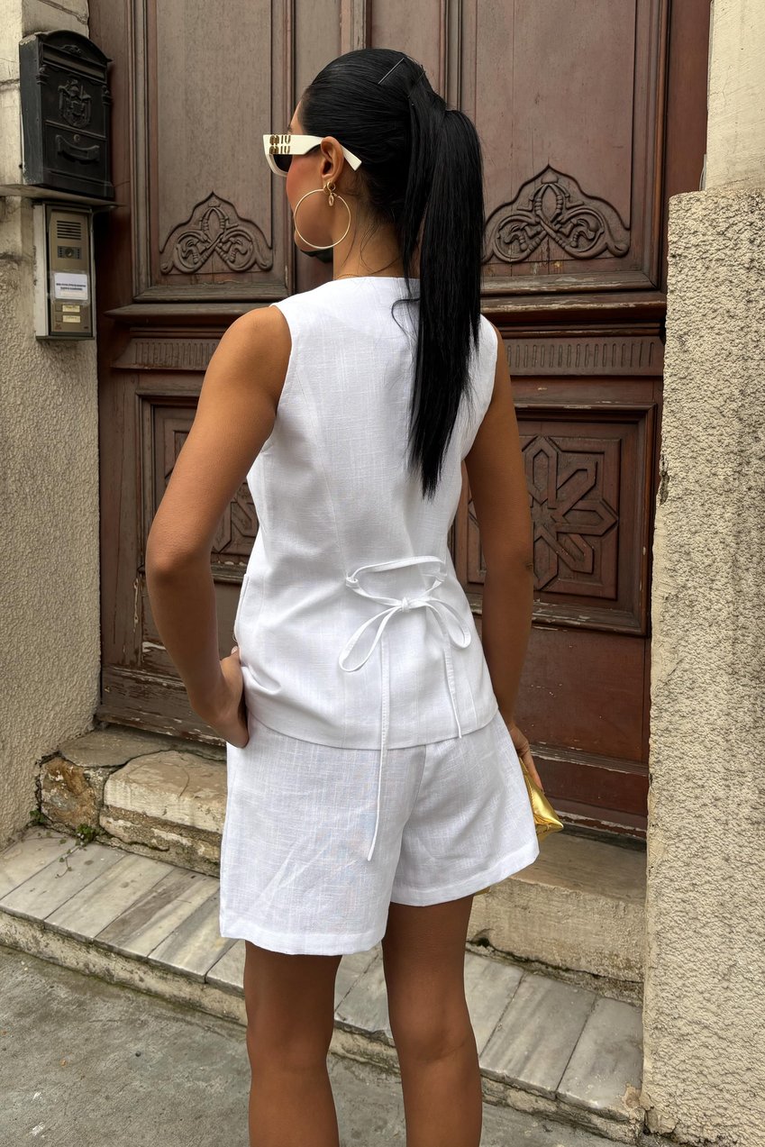 Gold Button Detailed Vest Shorts Cotton Suit White