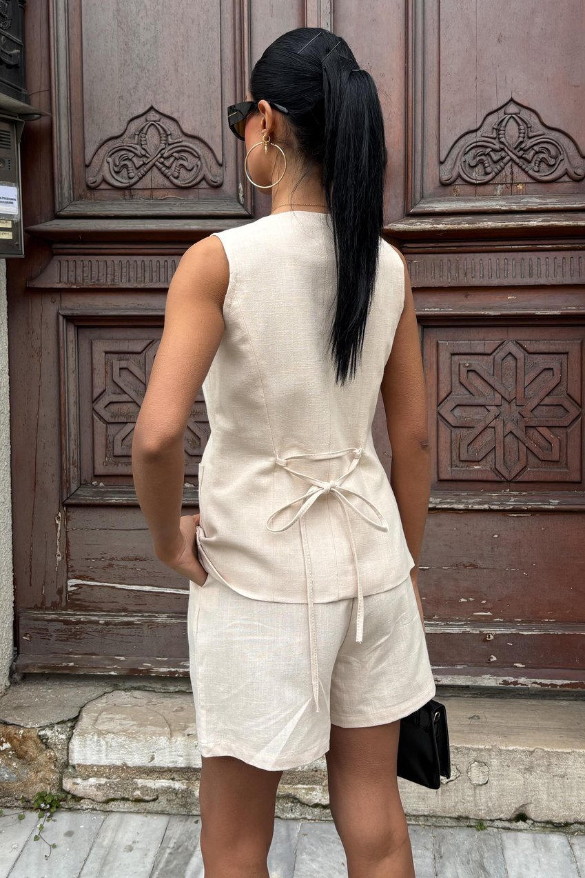 Gold Button Detailed Vest Shorts Cotton Suit Silver