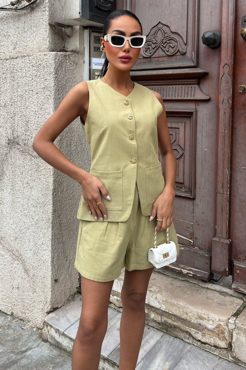 Gold Button Detailed Vest Shorts Cotton Suit Beige