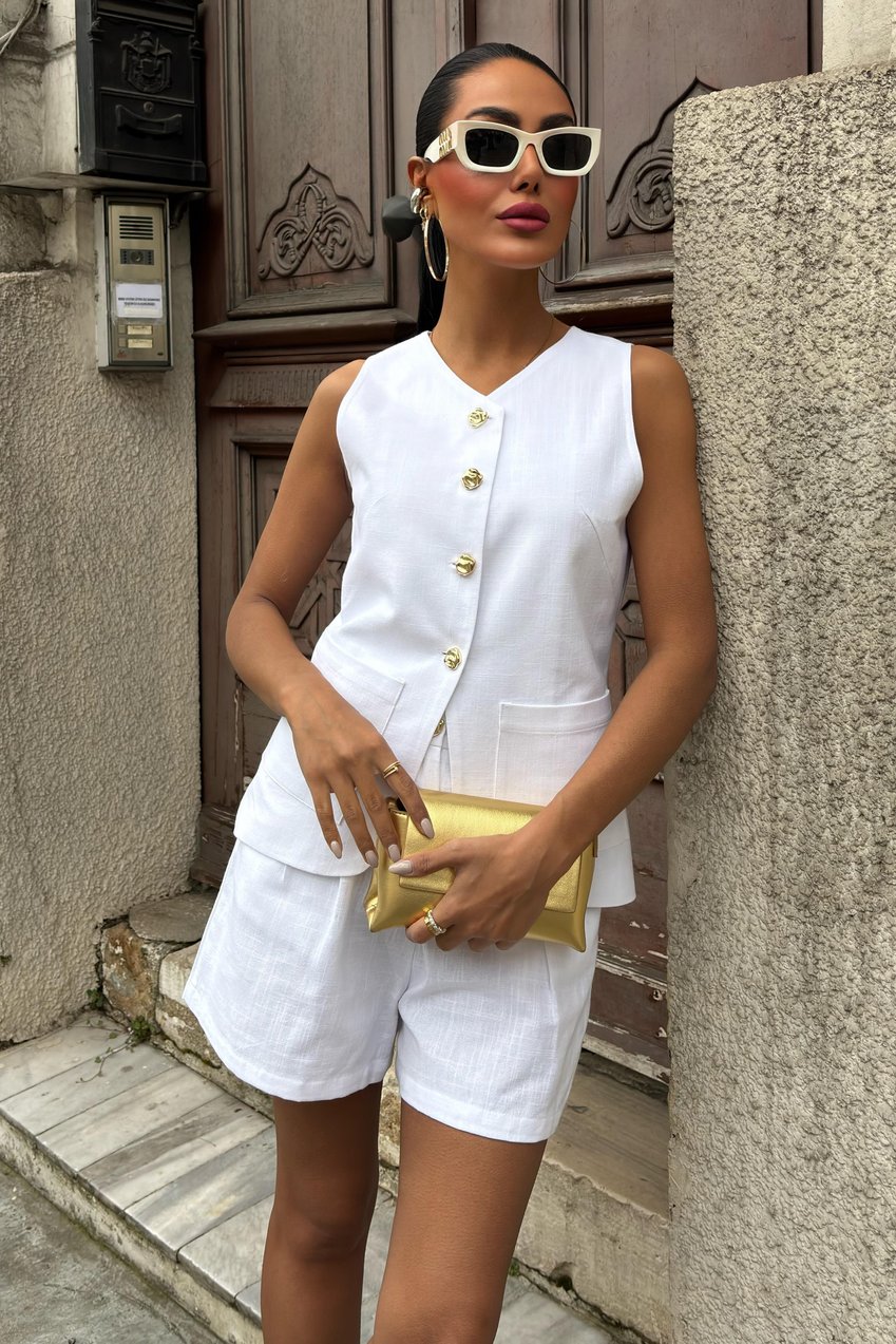Gold Button Detailed Vest Shorts Cotton Suit White