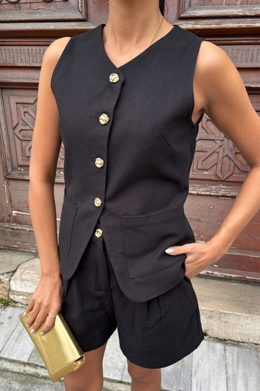 Gold Button Detailed Vest Shorts Cotton Suit Black