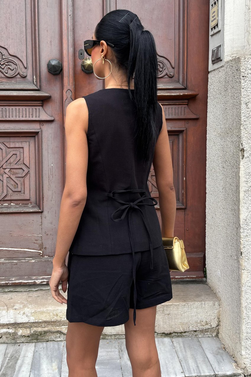 Gold Button Detailed Vest Shorts Cotton Suit Black