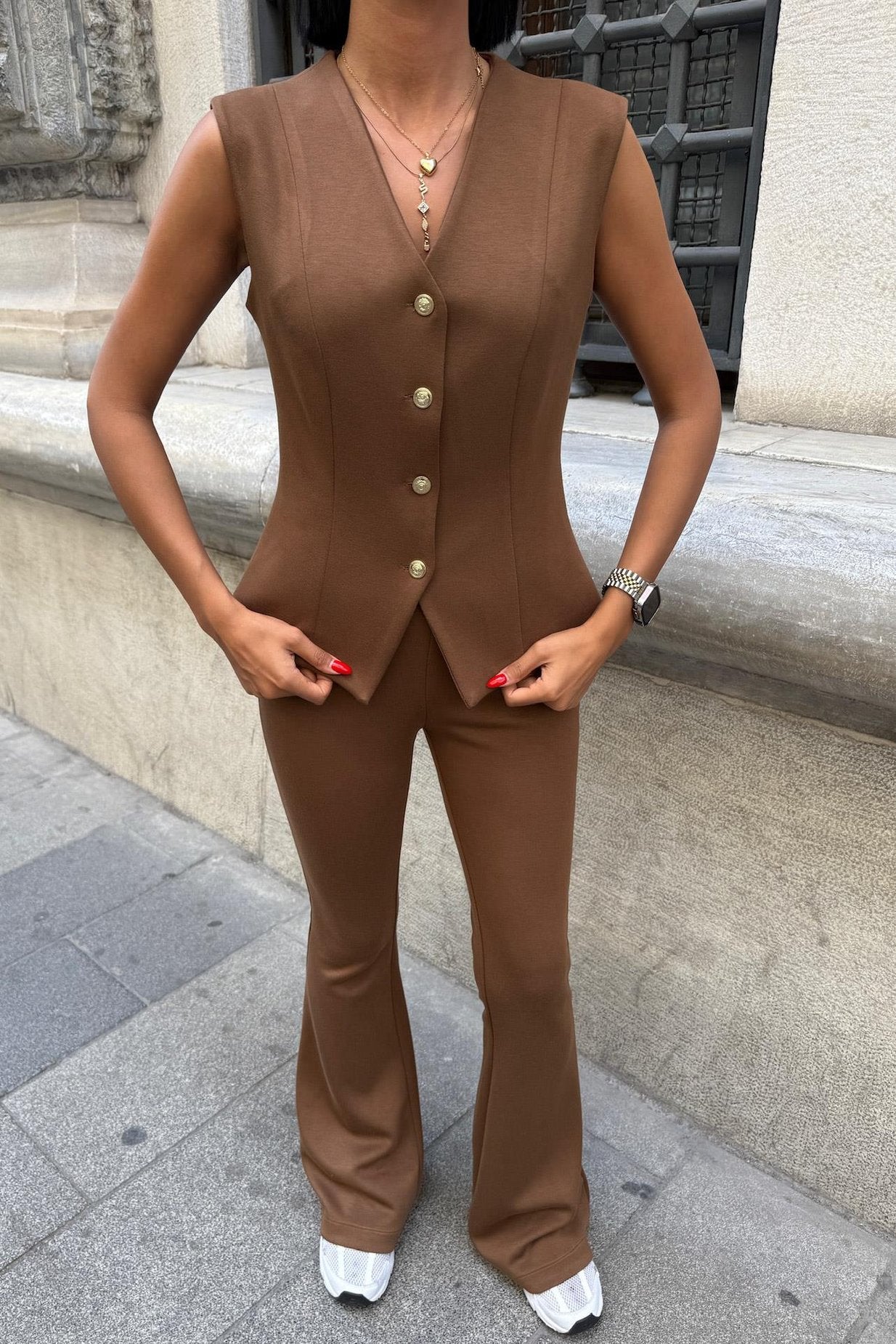 Modal Suit with Gold Buttoned Vest and Spanish Trousers brown