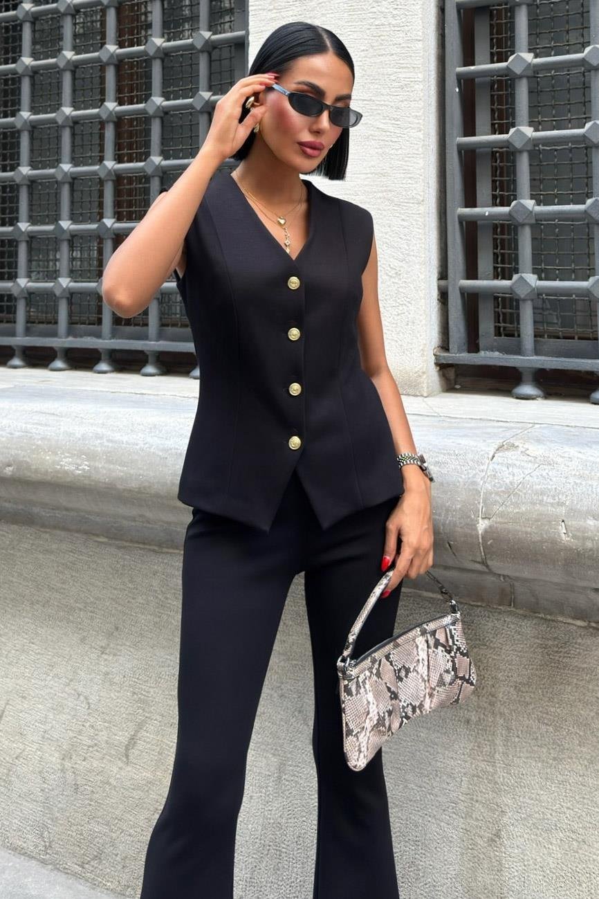 Modal Suit with Gold Buttoned Vest and Spanish Trousers Black