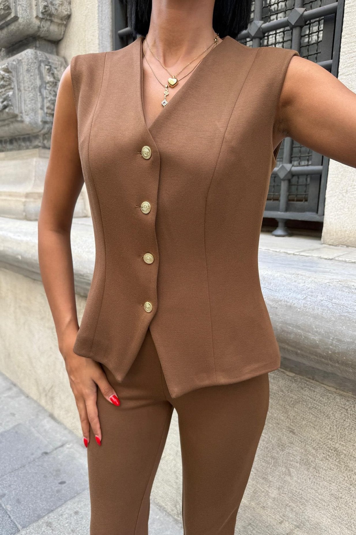 Modal Suit with Gold Buttoned Vest and Spanish Trousers brown