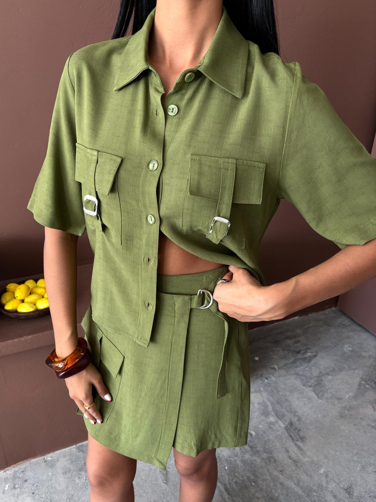 Shirt Shorts Skirt Viscose Linen Suit Green