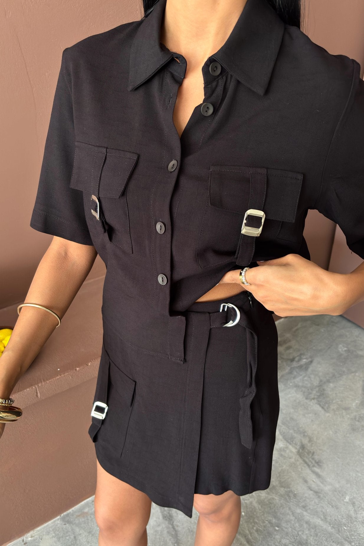 Shirt Shorts Skirt Viscose Linen Suit Black