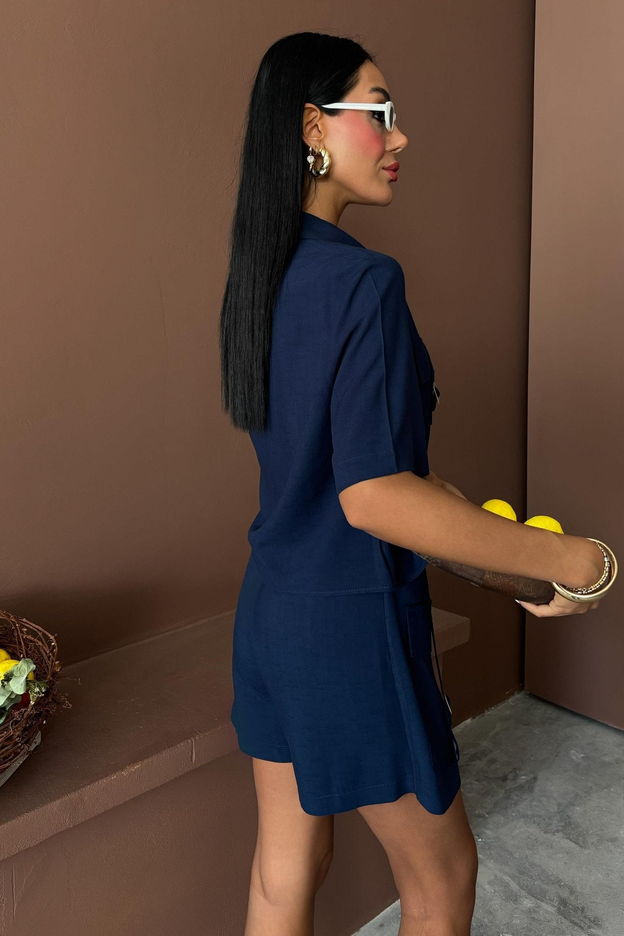Shirt Shorts Skirt Viscose Linen Suit Blue