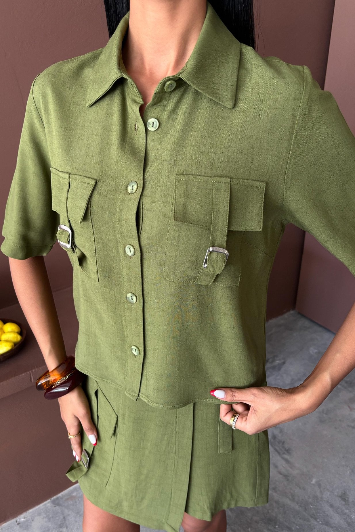 Shirt Shorts Skirt Viscose Linen Suit Green