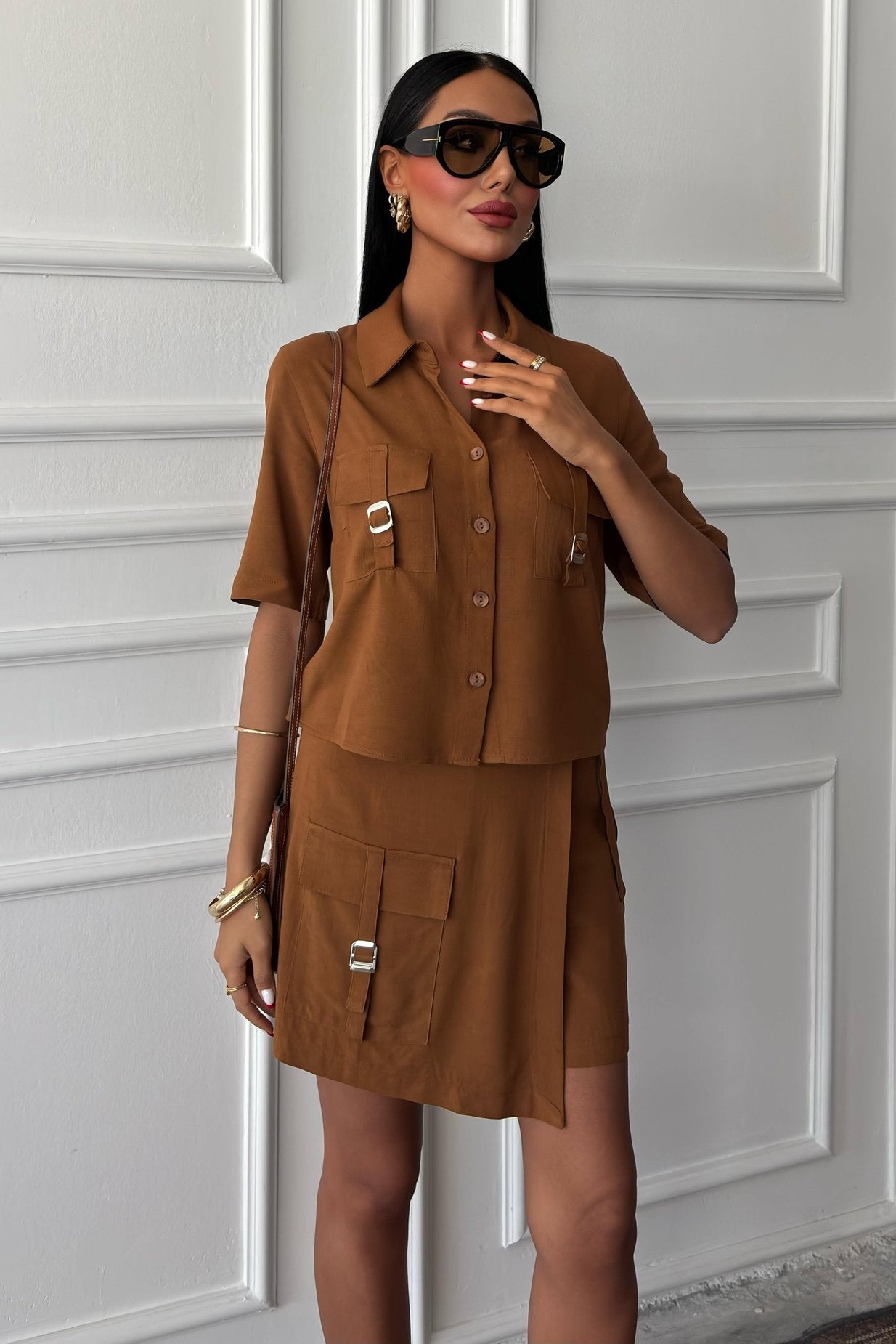 Shirt Shorts Skirt Viscose Linen Suit Brown